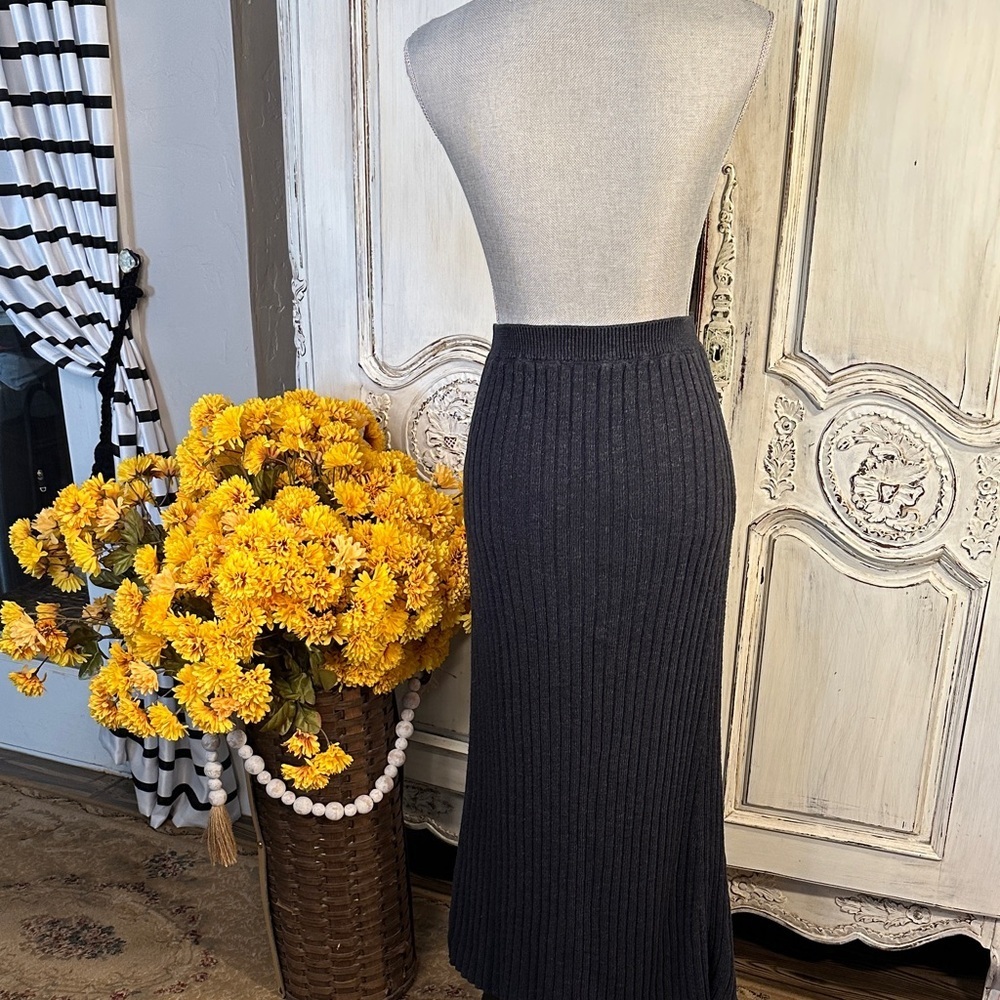 Free People Better Days Grayed Blue Elegant Ribbed Knit Maxi Skirt / Deep Slit - Picture 7 of 11